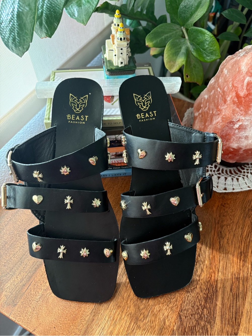 BEAST FASHION Black Triple-Strap Slide Sandals with Gold Stud Accents